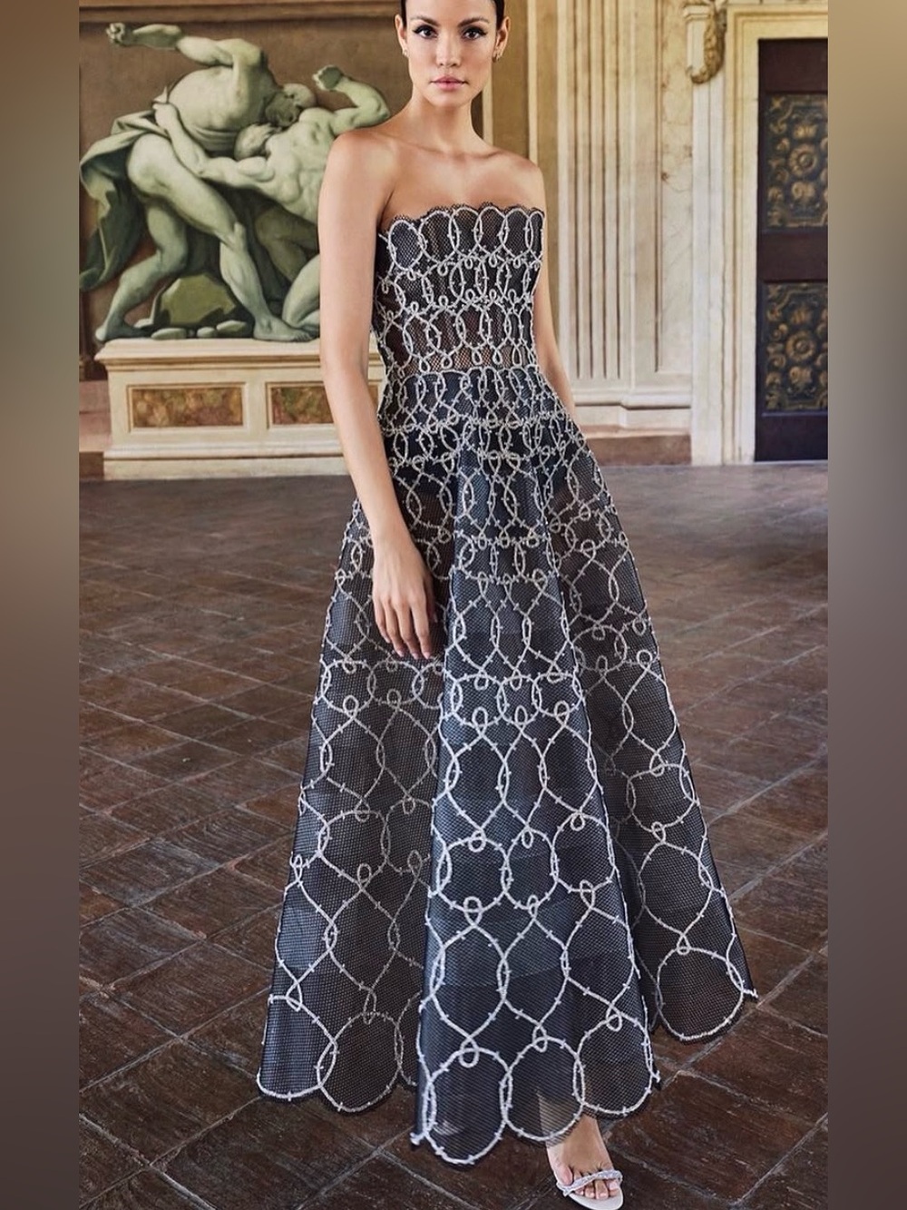 Elegant Strapless Black Dress with White Lace-Effect Overlay